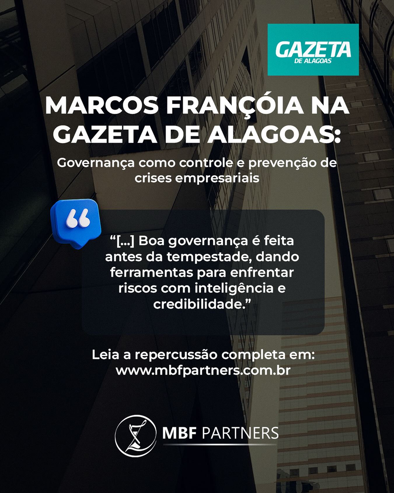 O diretor da MBF Partners, Marcos Françóia, especialista em turnaround empresarial e em processos de recuperação judicial, teve recentemente um de seus artigos publicados em portais de notícia de grande relevância no Brasil.

A Gazeta de Alagoas, veículo de comunicação de destaque no cenário nordestino, repercutiu o artigo “Governança como controle e prevenção de crises empresariais”, assinado em coautoria com Mariana Denuzzo Salomão e Rosana Amadeu. O conteúdo aprofunda a discussão sobre a importância da governança como ferramenta essencial para antecipar, controlar e mitigar riscos que podem levar empresas a situações de crise.

📖 veja a repercussão completa em: mbfpartners.com.br