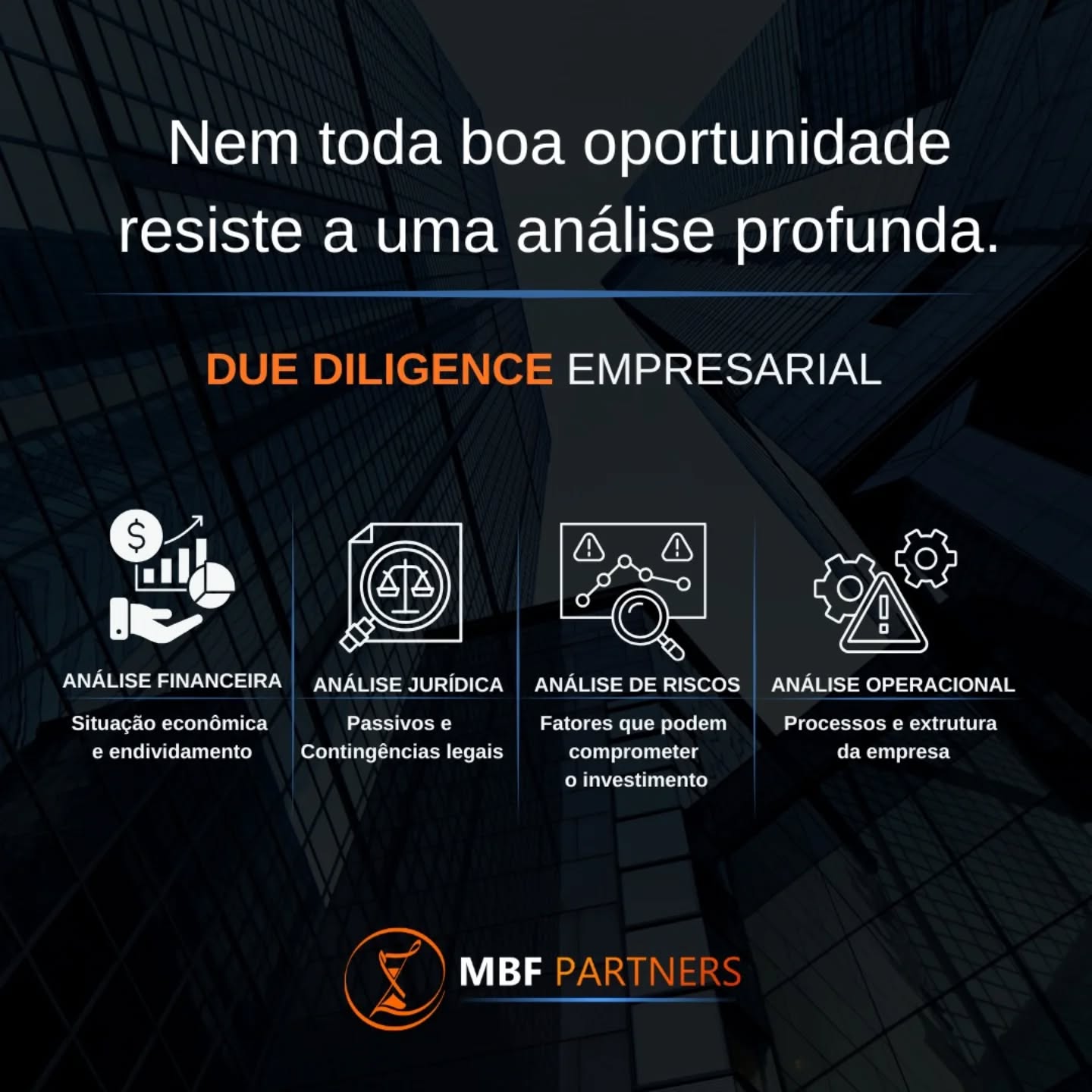 Grandes oportunidades nem sempre são o que parecem.

Um negócio pode apresentar bons números, crescimento acelerado e uma estrutura aparentemente sólida. No entanto, é na análise aprofundada que riscos ocultos, passivos relevantes e fragilidades operacionais costumam surgir.

A Due Diligence é o processo que permite enxergar além da superfície — avaliando com rigor aspectos financeiros, jurídicos e operacionais antes de qualquer decisão estratégica.

Mais do que uma etapa, trata-se de uma proteção: contra prejuízos, contra decisões precipitadas e contra informações incompletas.

Na MBF Partners, a análise técnica e criteriosa é o que transforma incertezas em decisões seguras.

#DueDiligence#GestãoEmpresarial#GovernançaCorporativa#AnáliseDeRiscos#AuditoriaEstratégiaEmpresarialMBFPartners