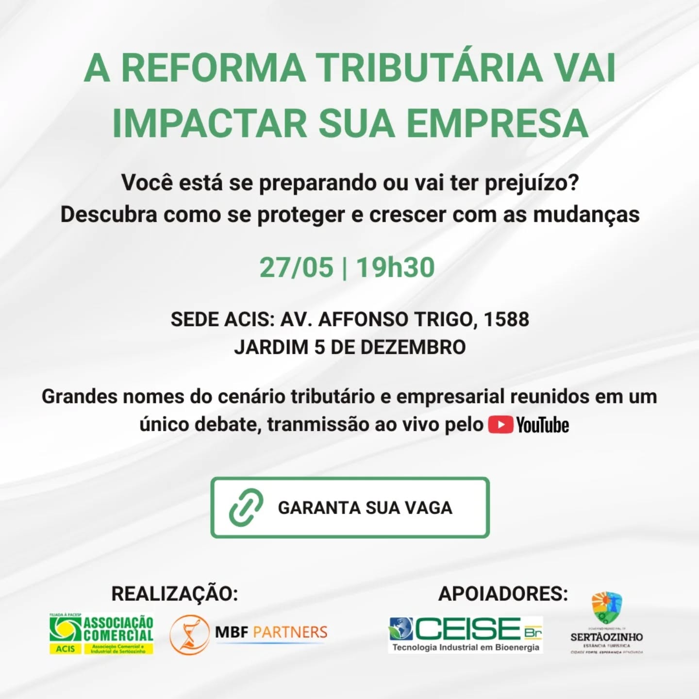 ⚠️ As mudanças fiscais já começaram e quem não se adapta, perde margem.

Empresas de todos os portes precisarão rever processos, estratégias e principalmente o impacto no fluxo de caixa diante das novas regras.

🗓️ No dia 27/05, às 19h30, a ACIS, em parceria com a MBF Partners, realiza uma mesa redonda com foco em aplicação prática e tomada de decisão.

💬 Um encontro com especialistas que estão na linha de frente, analisando os efeitos reais da reforma no dia a dia das empresas.

➡️ Moderador: Marcos Françóia, especialista em reestruturação empresarial

➡️ Debatedores:
• Fábio Beneguini – contador fiscal
• Danilo Viel – contador
• Marcelo Pelegrini – contador com foco em gestão
• Dr. Ivan Stella Moraes – coordenador tributário do escritório Pasquini e Ajona Advogados Associados

📍 Evento presencial | Sede da ACIS

📌 Garanta sua participação pelo link na bio.

#ReformaTributária #GestãoEmpresarial #FluxoDeCaixa #TomadaDeDecisão #ACIS Sertãozinho MBFPartners Empresários ContabilidadeEstratégica